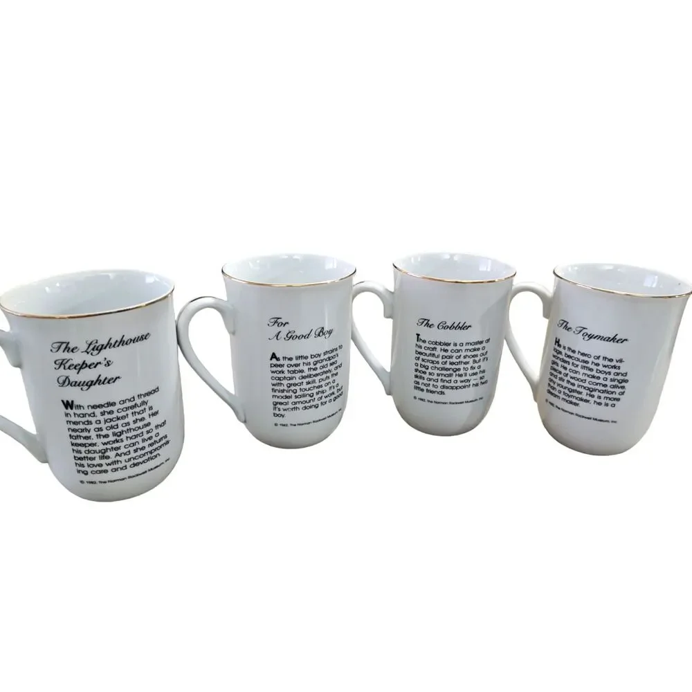 Vintage Norman Rockwell 1986 Collection Cups Mugs 4 Gold Trim + Glass Coasters